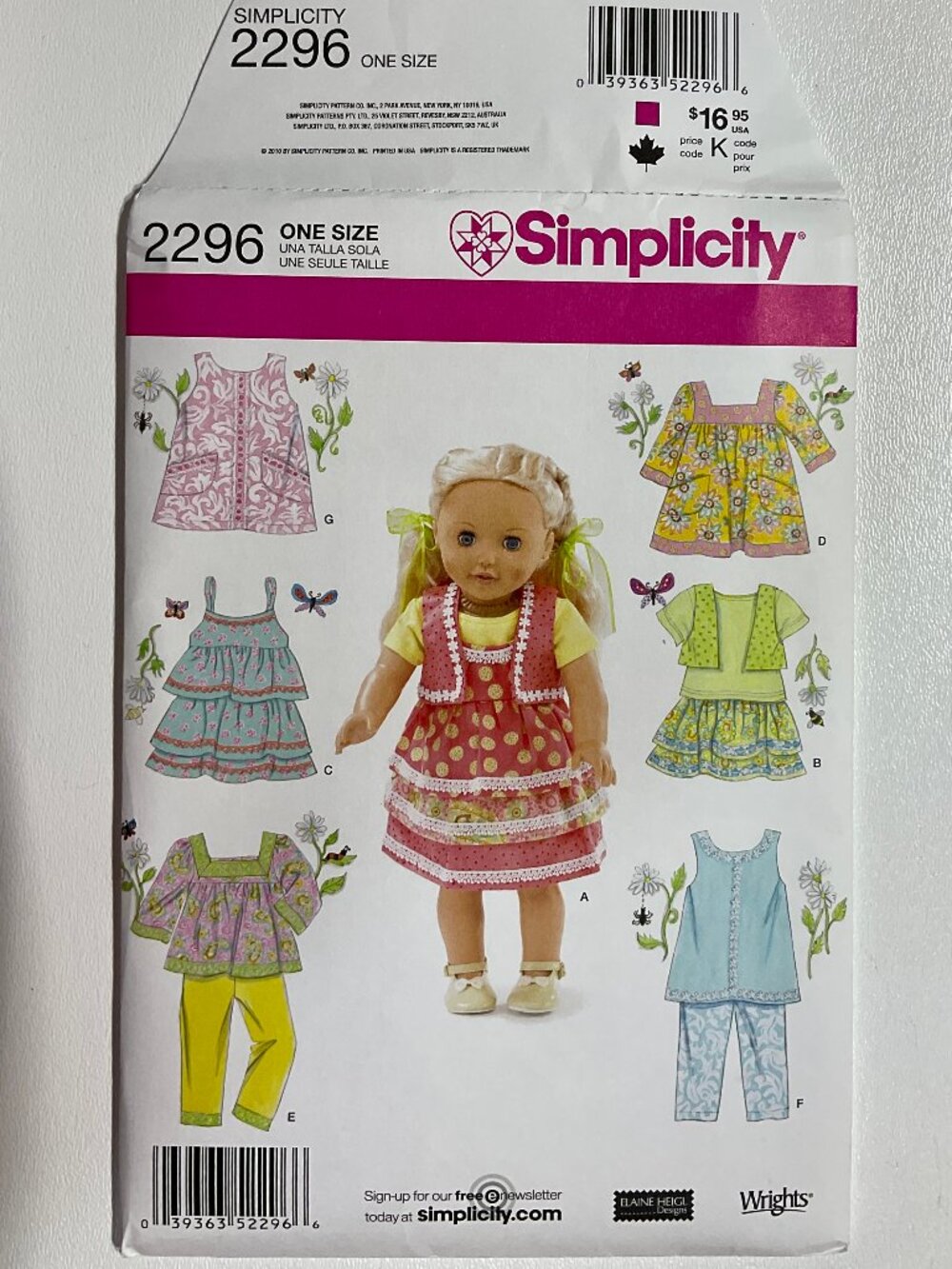 Simplicity 2296 18" Doll Clothes American Girl Elaine Heigl Knit Contemporary